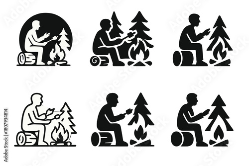 Campfire Logo Variations. A person sitting by a campfire in the woods, roasting marshmallows and telling stories. Icon set. Set Logo of A person sitting by a