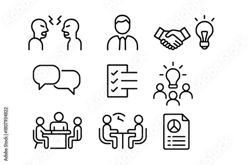 Team Conflict Icons. Team conflict management. Line icon set of Team conflict management: two people arguing, mediator, handshake, lightbulb, speech bubbles,