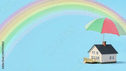  Hausmodell unter einem Regenschirm und Regenbogen