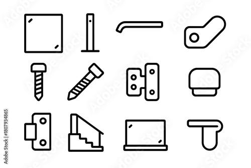 Glass Fencing Icons. Glass fencing system. Line icon set of glass fencing system: glass panel, post, handrail, base plate, bolt, screw, wall bracket, end cap,