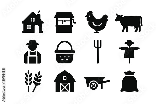 Village Life Icons. Village Life. Solid icon set of Village Life: cottage, well, chicken, cow, farmer, basket, pitchfork, scarecrow, wheat, barn, cart, sack of