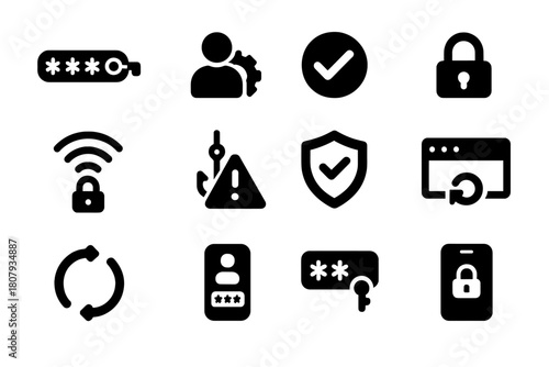 Safe Online Icons. Safe online behavior. Solid icon set of Safe online behavior: strong password, privacy settings, verified checkmark, padlock, secure WiFi,
