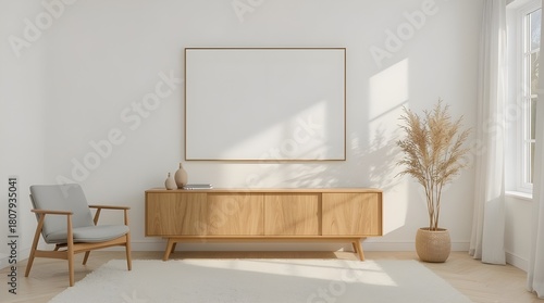 Modern minimalist living room with a blank horizontal picture frame mockup on a white wall, wooden tv cabinet, rattan chair, green plant, and natural sunlight
