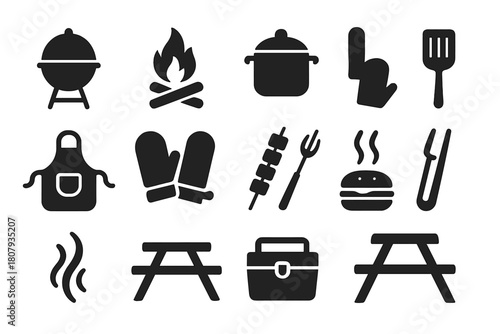 Outdoor Cooking Icons. Cooking outdoors. Solid icon set of cooking outdoors: grill, fire, pot, spatula, apron, gloves, skewers, burger, tongs, smoke, picnic