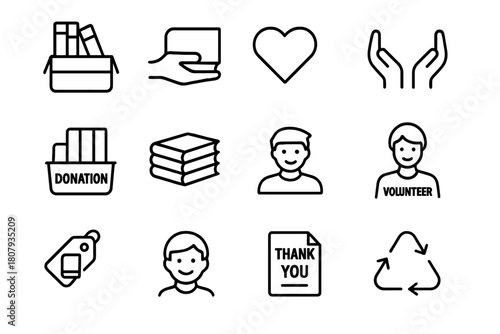 Book Donation Icons. Book Donation. Line icon set of Book Donation: book box, hand giving book, heart symbol, open hands, donation basket, book pile,