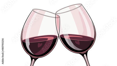 Two wine glasses clinking together, filled with a rich red liquid.