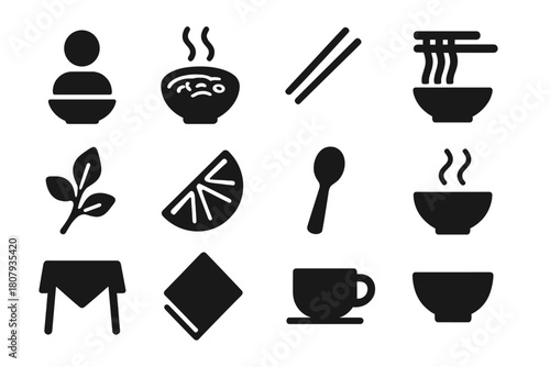 Soup Meal Icons. Soup Meal. Solid icon set of Soup Meal: person, bowl of pho, chopsticks, noodles, herbs, lime wedge, spoon, steam, table, napkin, cup, bowl.