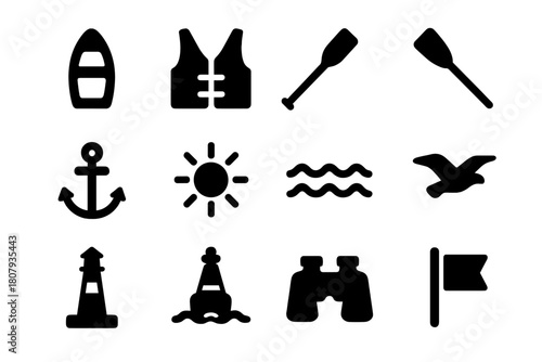 Outdoor Boating Icons. Outdoor boating. Solid icon set of Outdoor boating: boat, life jacket, paddle, oar, anchor, sun, water waves, seagull, lighthouse, buoy,
