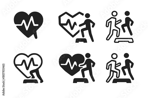 Step Aerobics Icons. Step aerobics. Icon set. Set Logo of Step aerobics: Fitness timer. harmonious logo variations of the same emblematic concept (Negative