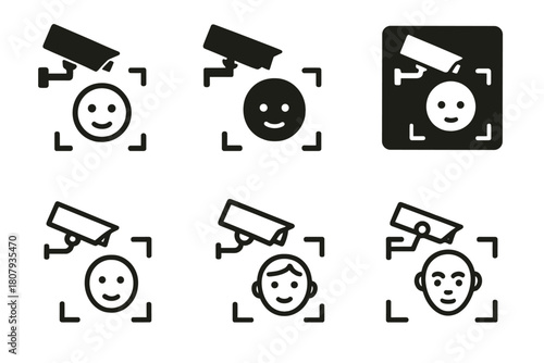 Facial Recognition Logos. Facial recognition. Icon set. Set Logo of facial recognition: camera lens with face aperture motif. harmonious logo variations of the