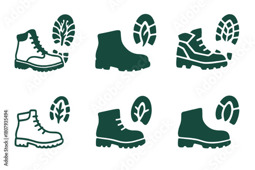 Hiking Logo Icons. Hiking and exploring nature trails. Icon set. Set Logo of hiking and exploring nature trails: hiking boot with tread print. harmonious logo