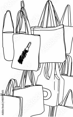 a drawing black line of a totebag hang on wall.totebag Display