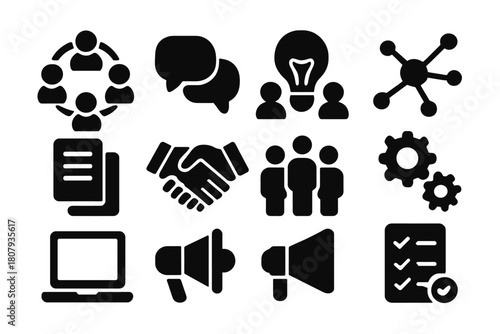 Collaboration Icons Grid. Collaboration. Line icon set of Collaboration: people connecting lines, shared folder, chat bubble, brainstorming, video call,