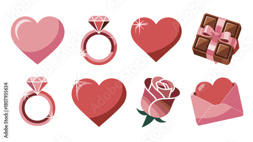 Hearts, rings, rose and chocolate on valentines day.