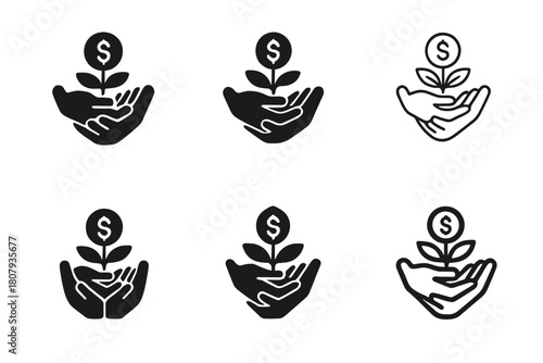Family Budgeting Icons. Family budgeting. Icon set. Set Logo of family budgeting: family hand holding money sprout. harmonious logo variations of the same