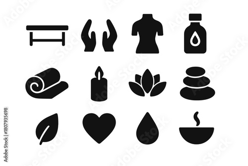 Bodywork Therapy Icons. Bodywork therapy. Solid icon set of bodywork therapy: massage table, therapist hands, body silhouette, essential oil bottle, towel,