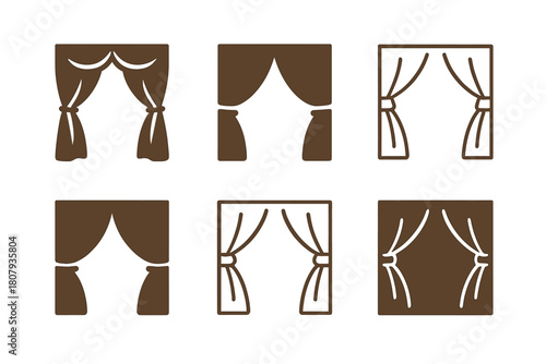 Theater Curtain Logos. Curtains drawn in theater. Icon set. Set Logo of Curtains drawn in theater: Stage props behind curtain. harmonious logo variations of