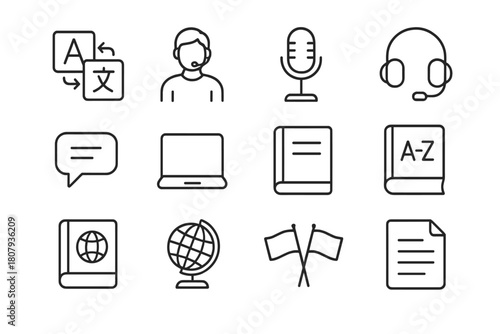 Language Toolkit Icons. Language services toolkit. Line icon set of Language services toolkit: translator, interpreter, microphone, headphones, speech bubble,