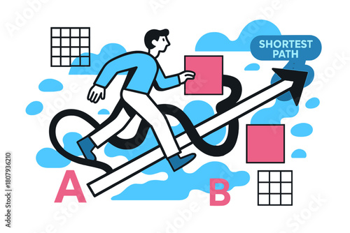 Shortest Path Dynamics. Vector Displacement Diagram. A figure walks around obstacles, but a clean arrow cuts directly from A to B; ?Shortest Path? glows near