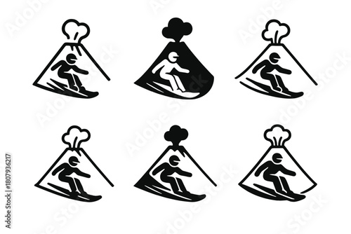 Volcano Boarding Logos. Volcano boarding. Set Logo of Volcano boarding: rider carving ash slope. harmonious logo variations of the same emblematic concept,