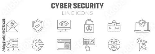 Cybersecurity related icon collections. Containing firewall, hacker, password, shield, virus, lock, encryption, malware, secure, network icons. Editable Stroke.
