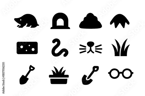 Underground Creature Icons. Underground Digger. Solid icon set of Underground Digger: mole, tunnel, dirt mound, digging paws, soil, worm, whiskers, nose,