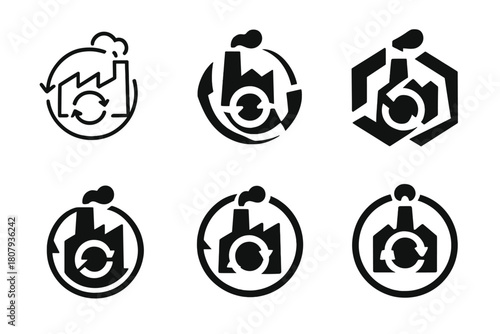 Eco-Friendly Industrial Logos. Reducing industrial pollution through waste management. Icon set. Set Logo of reducing industrial pollution through waste