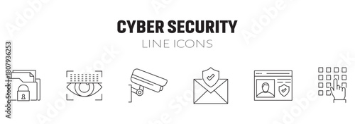 Cyber security icon set. Data and network protection symbols for app, ui, website. Computer technology protection, internet safety, secure cloud access, privacy vector icons. 