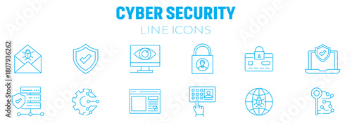 Cyber security icon set. Data and network protection symbols for app, ui, website. Computer technology protection, internet safety, secure cloud access, privacy vector icons. 
