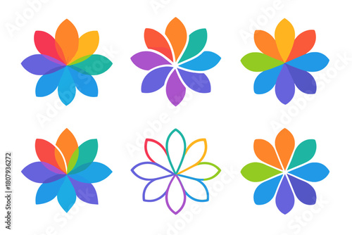 Rainbow Flower Icons. Vibrant colors. Icon set. Set Logo of vibrant colors: abstract flower made of rainbow petals. harmonious logo variations of the same