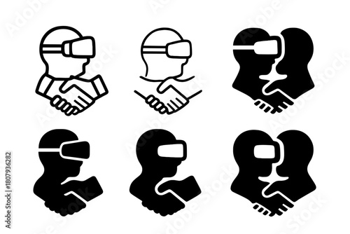 Virtual Meeting Icons. Virtual reality meetings. Icon set. Set Logo of Virtual reality meetings: Digital handshake. harmonious logo variations of the same