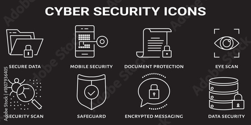 Cyber security icon set. Data protection related line icons: hacker, password, spam, antivirus, padlock, virus threat, phishing, firewall and more. Editable stroke. Vector illustration.