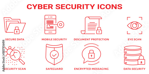Cyber security icon set. Data protection related line icons: hacker, password, spam, antivirus, padlock, virus threat, phishing, firewall and more. Editable stroke. Vector illustration.