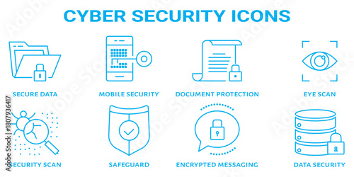 Cyber security icon set. Data protection related line icons: hacker, password, spam, antivirus, padlock, virus threat, phishing, firewall and more. Editable stroke. Vector illustration.