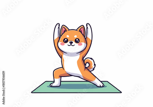 Cartoon Shiba Inu dog doing yoga on a green mat with white background