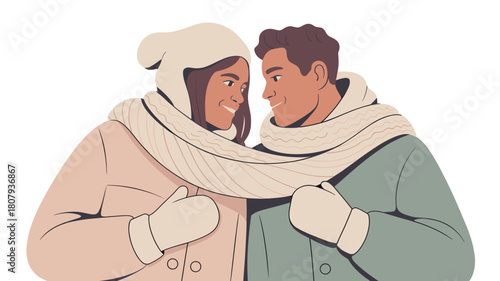 A loving couple embracing the winter chill with warmth and affection.