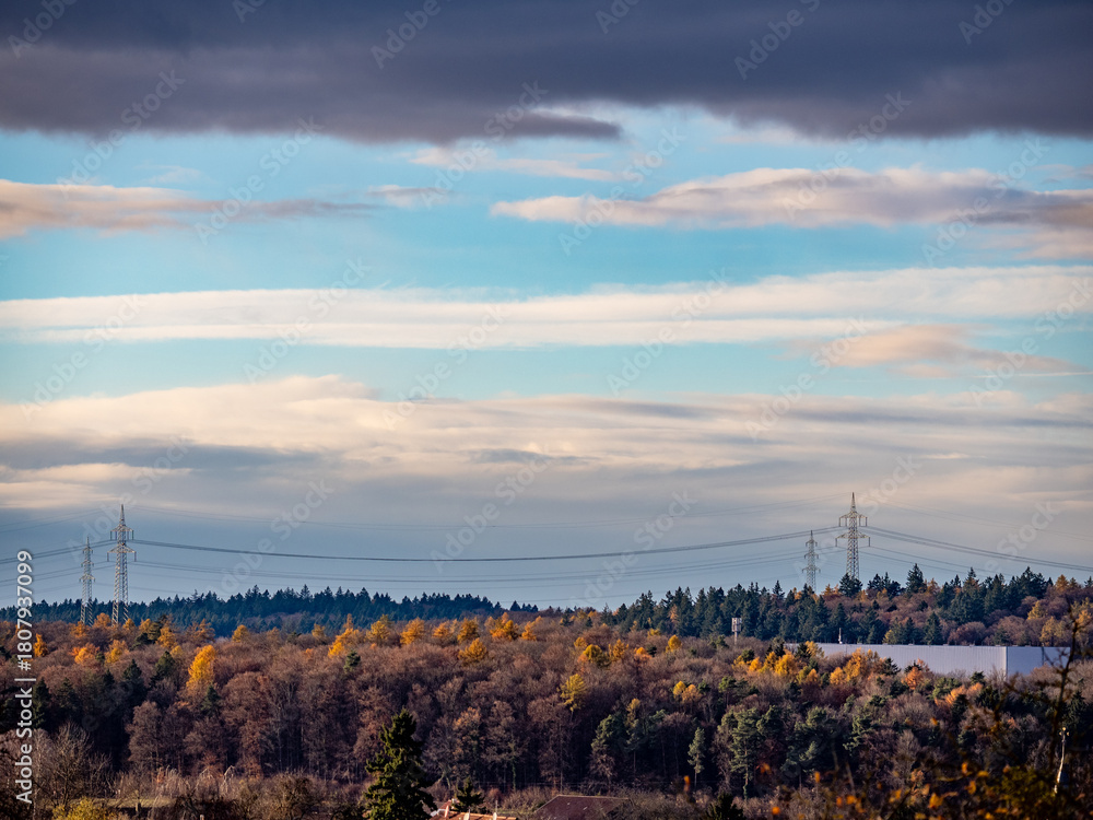 Fototapeta premium Hochspannungsmasten in herbstlicher Landschaft