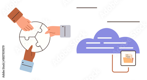 Hands collaborating to assemble puzzle pieces alongside a cloud system linking to uploaded files. Ideal for teamwork, cloud technology, collaboration, problem-solving, data sharing, remote work
