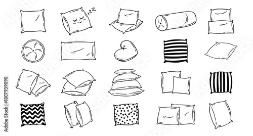 Doodle drawing pillow set. Soft pillow for sleep, outline hand drawn pillows. Rest bedroom decoration. Hand drawn cozy pillows for bed and sofa