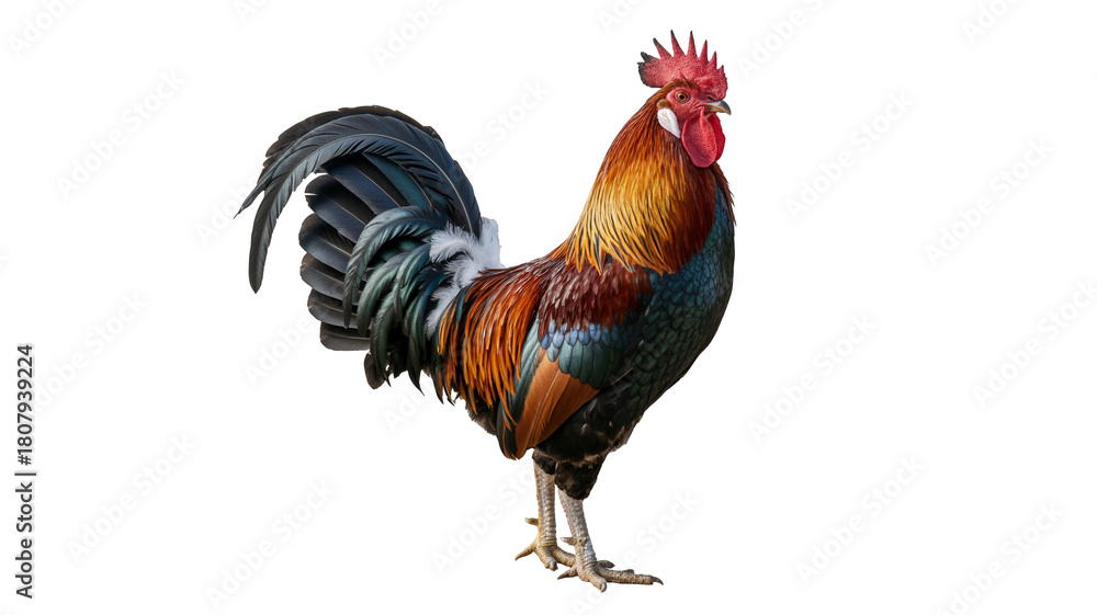 Fototapeta premium Vibrant rooster struts with confidence showing off beautiful plumage and colorful feathers in farm setting
