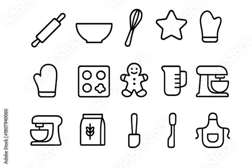 Holiday Baking Icons. Holiday baking day. Line icon set of holiday baking day: rolling pin, mixing bowl, whisk, cookie cutter, oven mitt, baking sheet,
