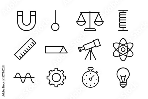 Physics Instruments Icons. Physics Instruments. Line icon set of Physics Instruments: magnet, pendulum, scale, spring, ruler, prism, telescope, atom, wave,