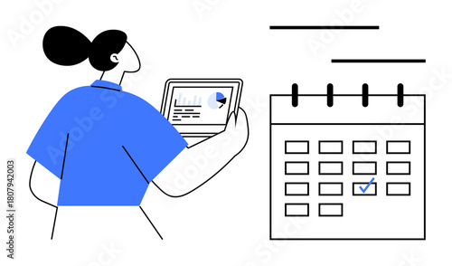 Woman analyzing analytics on a tablet with a pie chart and bar graph. Adjacent calendar with highlighted date. Ideal for planning, productivity, scheduling, project management, time management