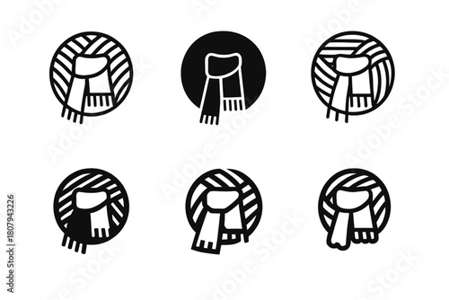 Knitting Emblem Variations. Knitting a scarf. Icon set. Set Logo of knitting a scarf: circular yarn pattern surrounding scarf outline. harmonious