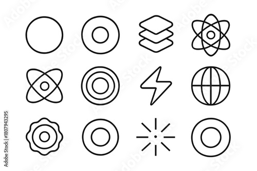 Core Line Icon Set. Core. Line icon set of Core: circle, nucleus, layers, sphere, atom, orbit lines, concentric rings, energy symbol, globe, dot center,
