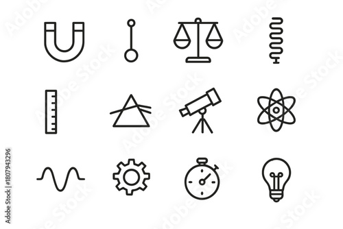 Physics Instruments Icons. Physics Instruments. Line icon set of Physics Instruments: magnet, pendulum, scale, spring, ruler, prism, telescope, atom, wave,
