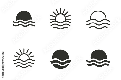 Nature's Harmonious Icons. The power of nature to inspire creativity and calmness. Icon set. Set Logo of nature?s power: sun and waves forming balanced unity.