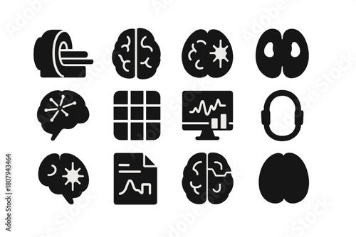 Brain Imaging Icons. Neuroimaging of spatial navigation. Solid icon set of Neuroimaging of spatial navigation: MRI scanner, brain scan slice, fMRI activation,