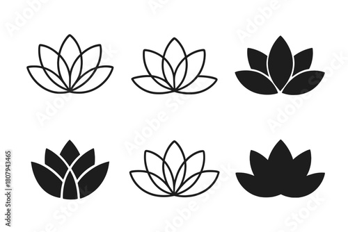 Lotus Logo Variations. Spiritual growth and well-being. Icon set. Set Logo of Spiritual growth and well-being: Lotus flower. harmonious logo variations of the