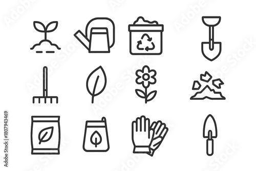 Organic Gardening Icons. Organic gardening. Line icon set of Organic gardening: plant seedling, soil, watering can, compost, shovel, rake, leaf, flower, mulch,